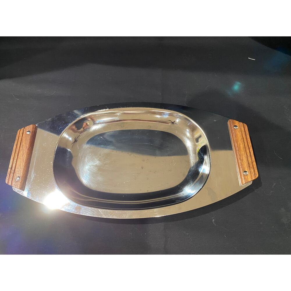 Kromex chrome serving tray, cheese tray, 1957 made in USA, wooden handles